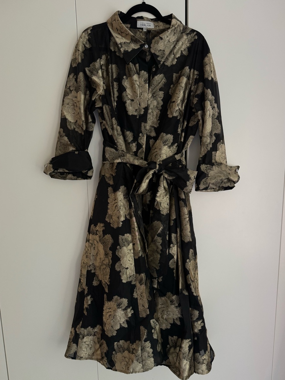 ❤️ Rickie Freeman for Teri Jon Metallic Floral Belted Shirt Dress – Size 20